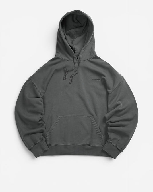 Важке графітово-сіре бавовняне худі Carhartt WIP Hooded Benton вільного крою з капюшоном на затяжках, кишенею-кенгуру та вишитим написом на грудях.