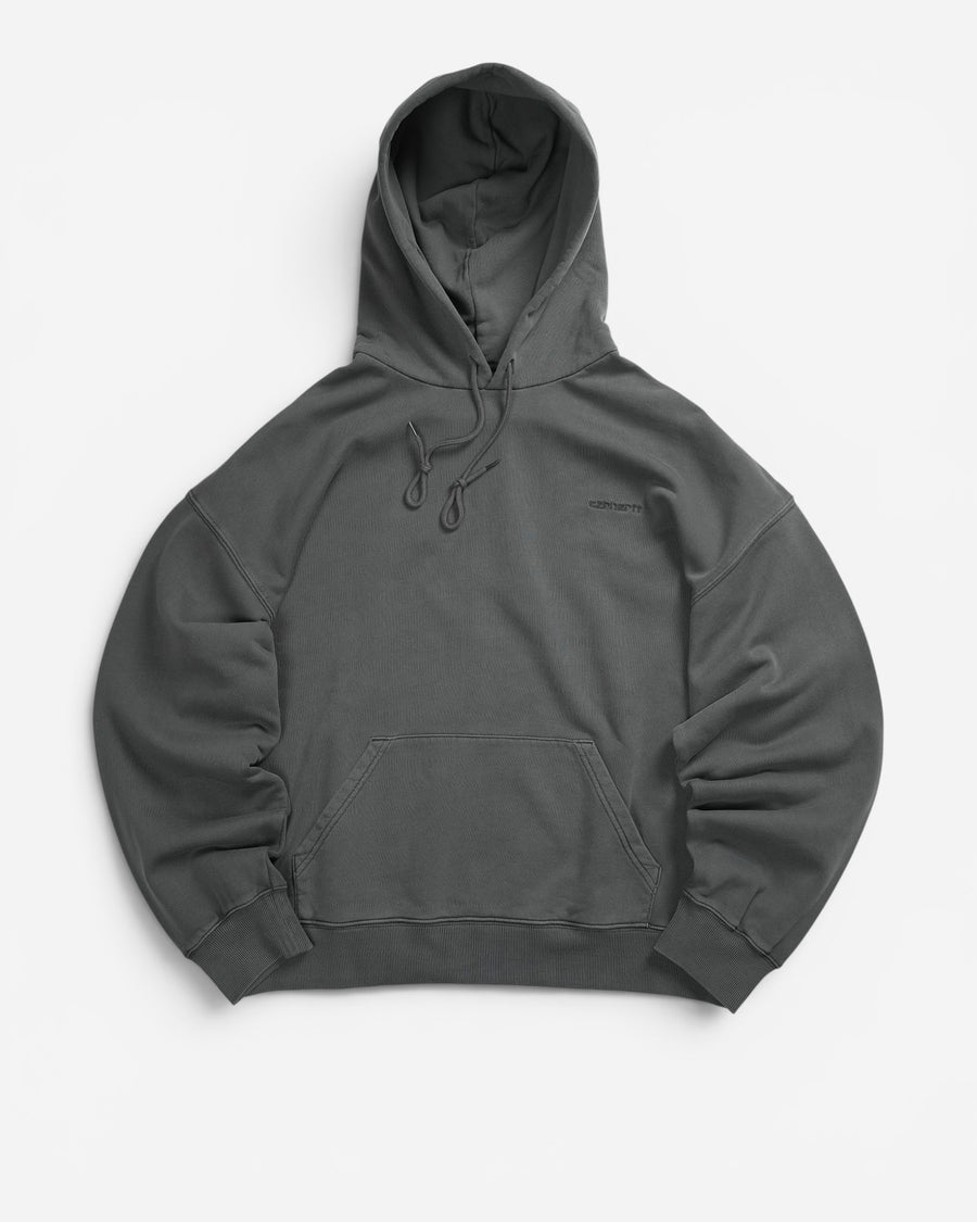 Важке графітово-сіре бавовняне худі Carhartt WIP Hooded Benton вільного крою з капюшоном на затяжках, кишенею-кенгуру та вишитим написом на грудях.