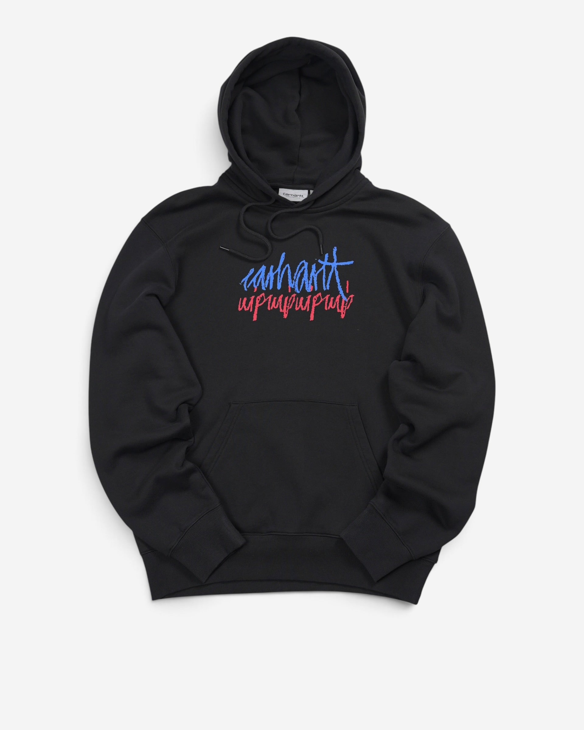 Чорне бавовняне худі Carhartt WIP Hooded Stereo з капюшоном на затяжках, кишенею-кенгуру та контрастним синьо-червоним принтом графіті на грудях.