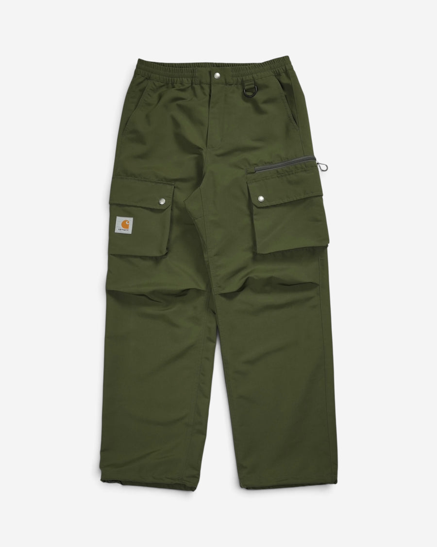 Оливково-зелені штани-карго Carhartt WIP Irwin з еластичним поясом, великими накладними кишенями на стегнах та фірмовим квадратним логотипом бренду.