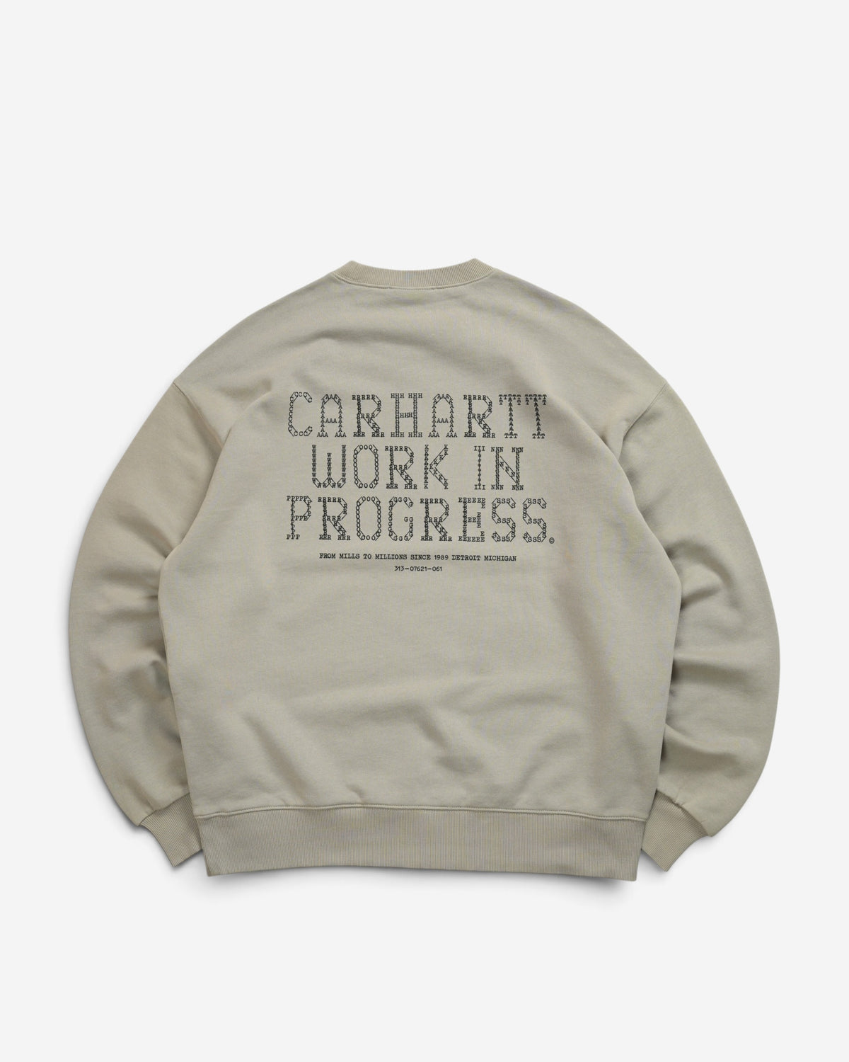 Чоловічий бежевий світшот Carhartt WIP Punched колір Puddle з великим фірмовим перфорованим текстовим принтом на спині.