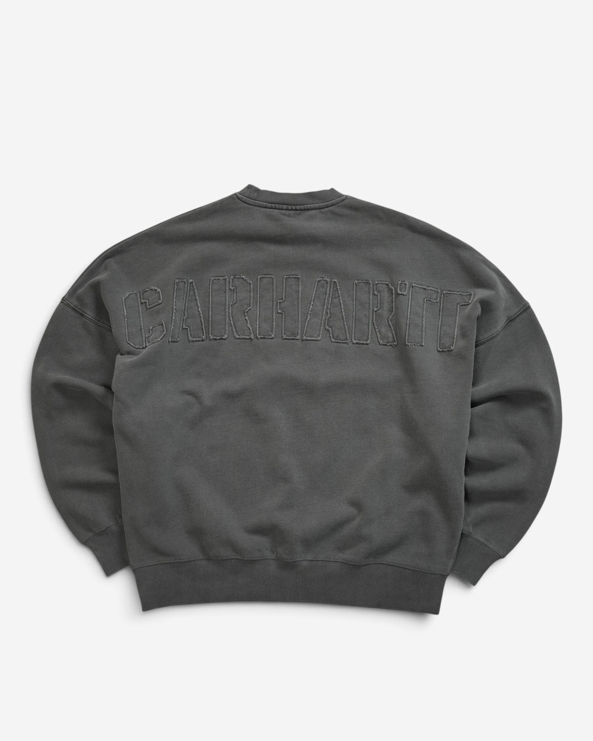 Чоловічий графітовий світшот Carhartt WIP RGGD з ефектом прання та великим фактурним написом бренду на спині.