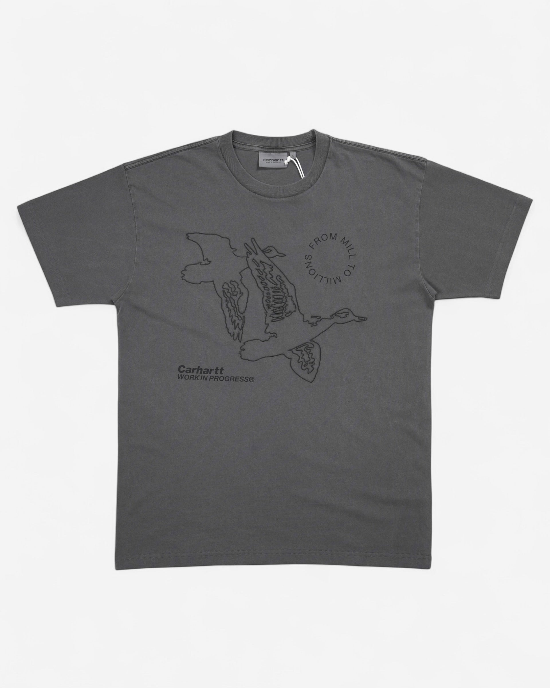 Темно-сіра футболка вільного крою Carhartt WIP Flying Ducks з великим контурним принтом качок і вишивкою на грудях.