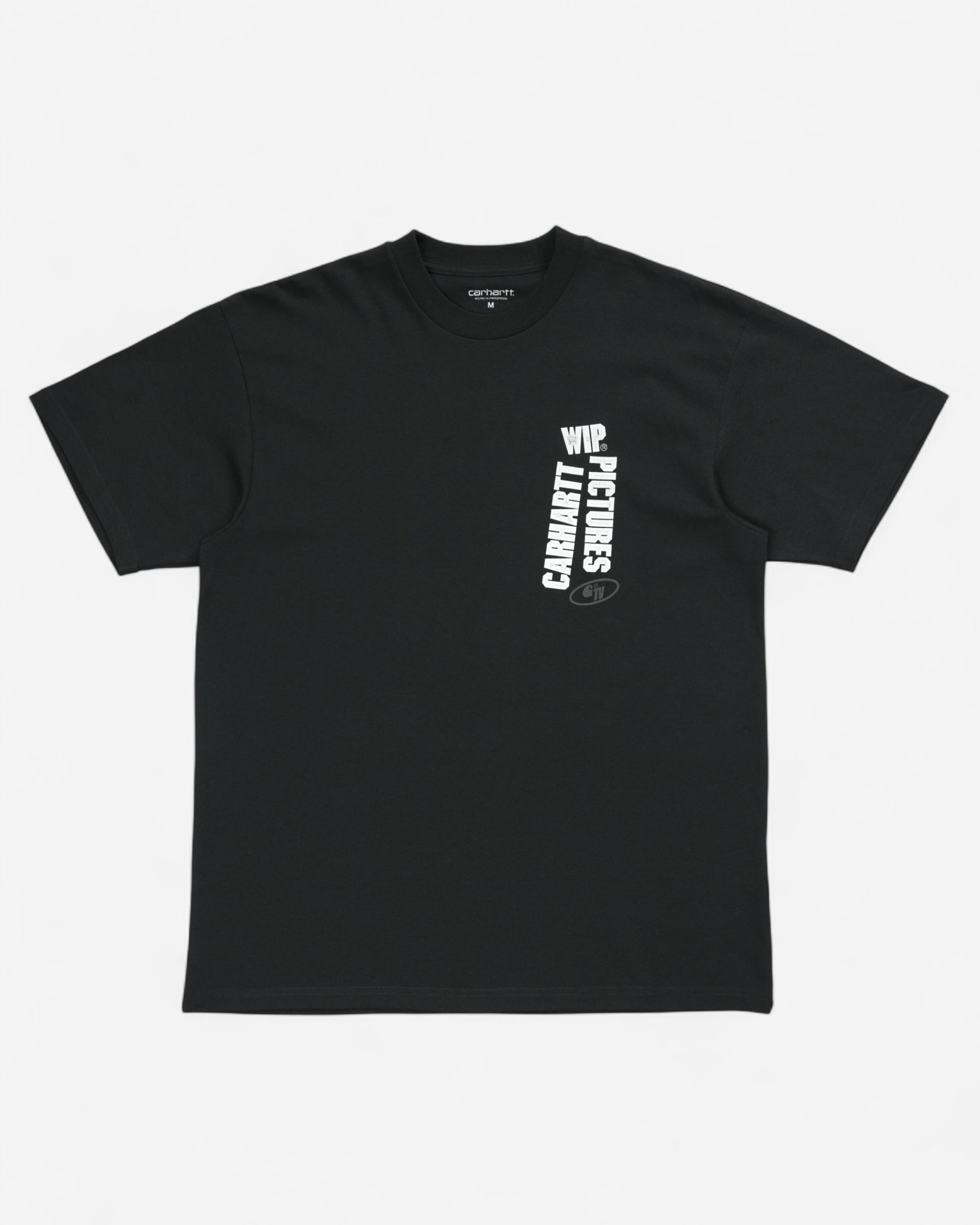 Чорна бавовняна футболка вільного крою Carhartt WIP із білим вертикальним текстовим принтом WIP Pictures на лівій стороні грудей.