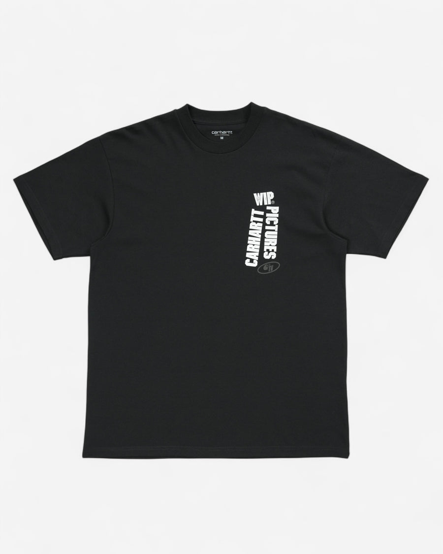 Чорна бавовняна футболка вільного крою Carhartt WIP із білим вертикальним текстовим принтом WIP Pictures на лівій стороні грудей.