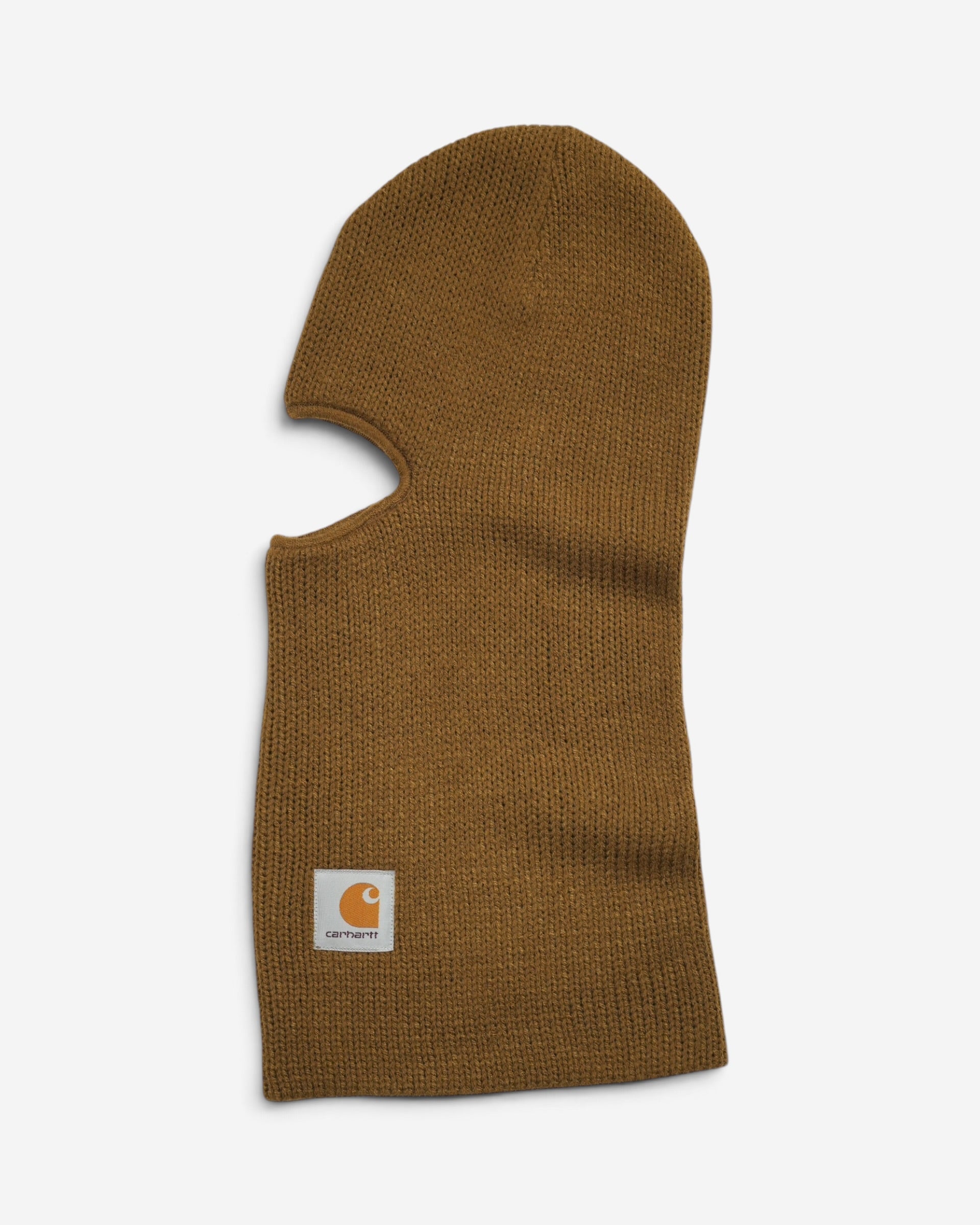 В'язана коричнева балаклава Carhartt WIP із фірмової пряжі кольору Hamilton Brown з великим вирізом для очей та квадратним білим логотипом.