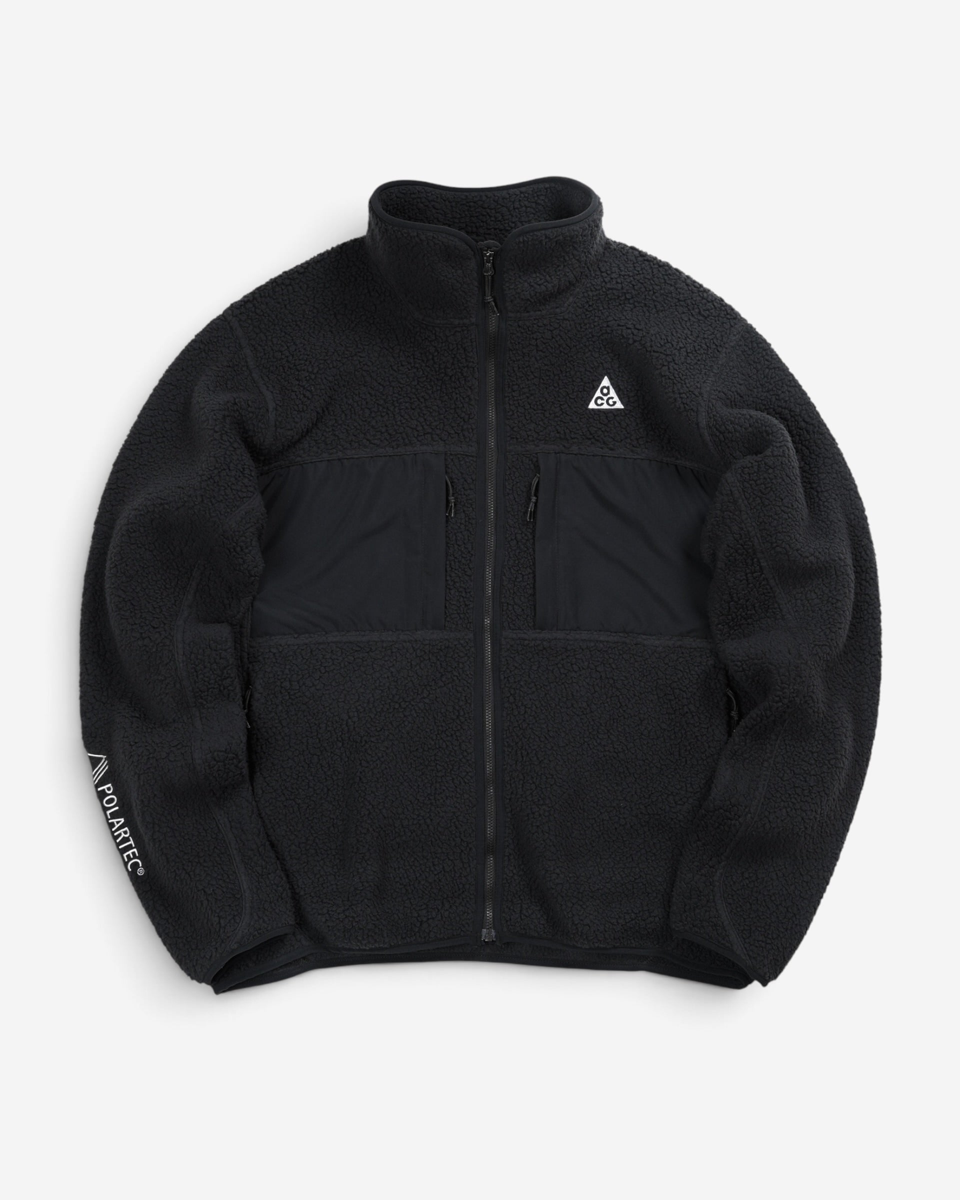 Чорна флісова куртка Nike ACG Arctic Wolf Full-Zip Fleece Jacket з високим коміром, нагрудними кишенями та білим трикутним логотипом на грудях.