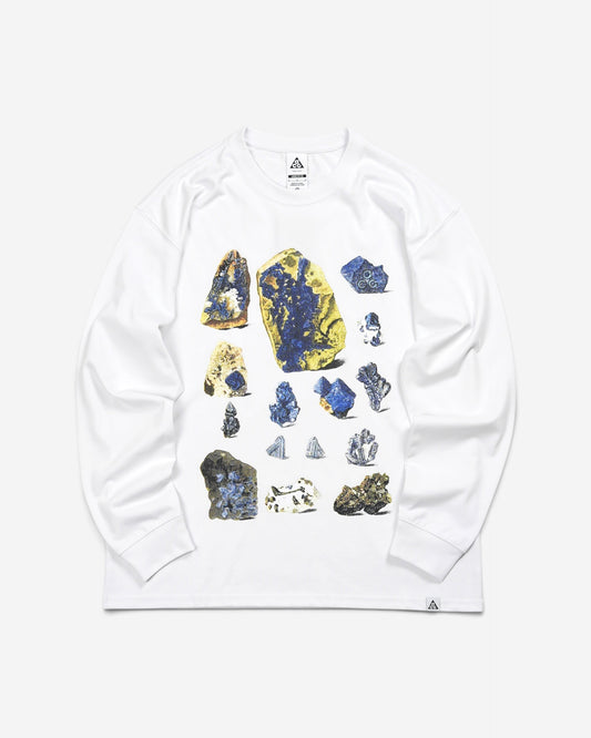 Білий лонгслів Nike ACG Minerals Long-Sleeve T-Shirt з яскравим принтом кристалів та мінералів на грудях і маленьким трикутним логотипом знизу.