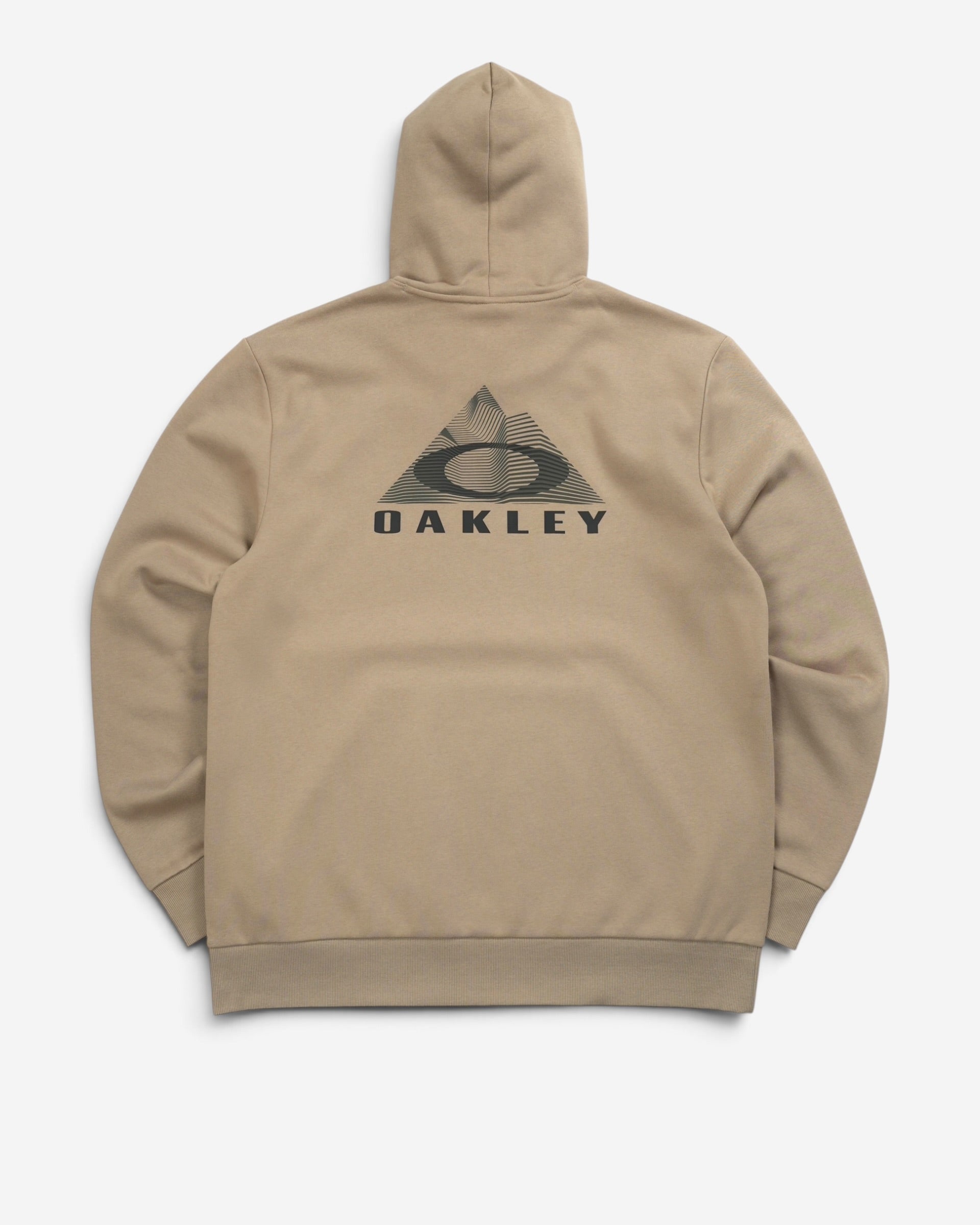 Бежеве чоловіче худі Oakley з капюшоном на шнурках, вигляд ззаду, з великим темно-сірим принтом гірського трикутника та фірмовим текстовим логотипом.