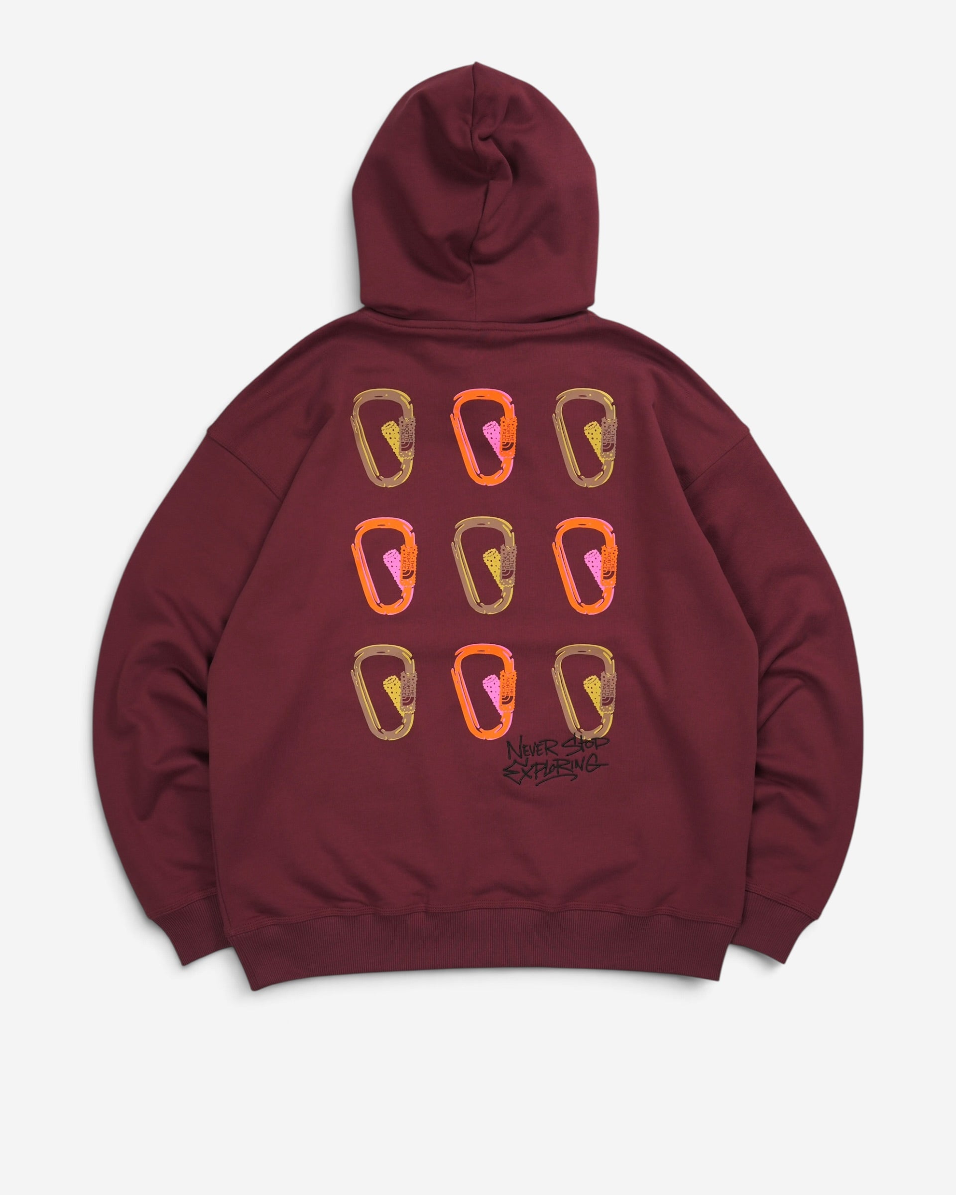 Купити бордове худі The North Face Hooded Carabiner Sweatshirt. Вільний крій, щільний бавовняний трикотаж, яскравий принт з карабінами на спині. Доставка по Україні.